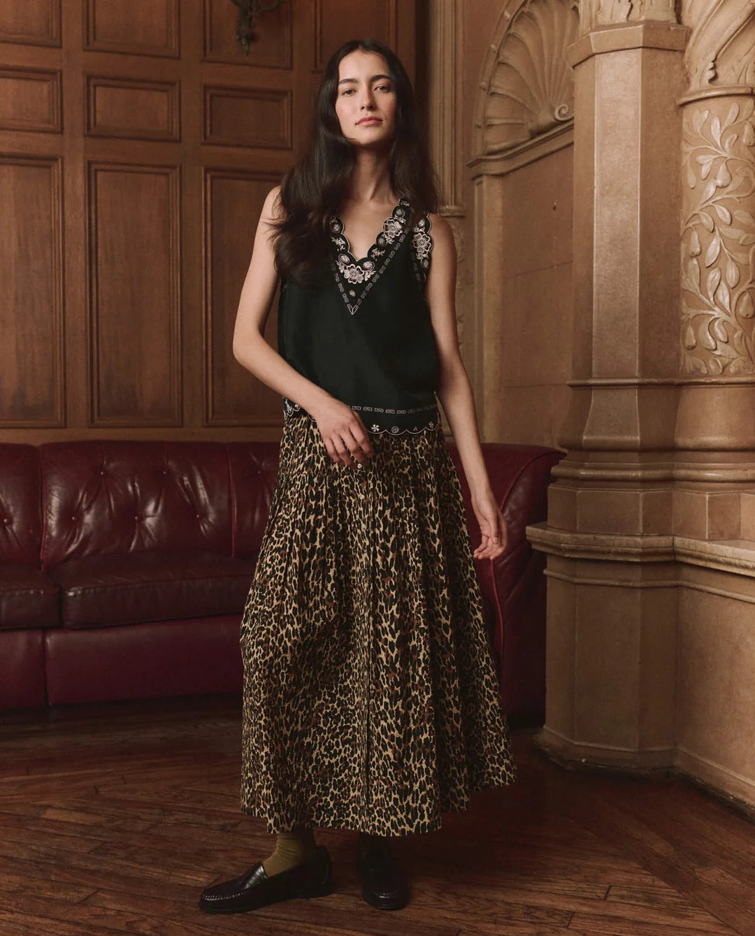 The Embroidered Floral Slip Top, Black