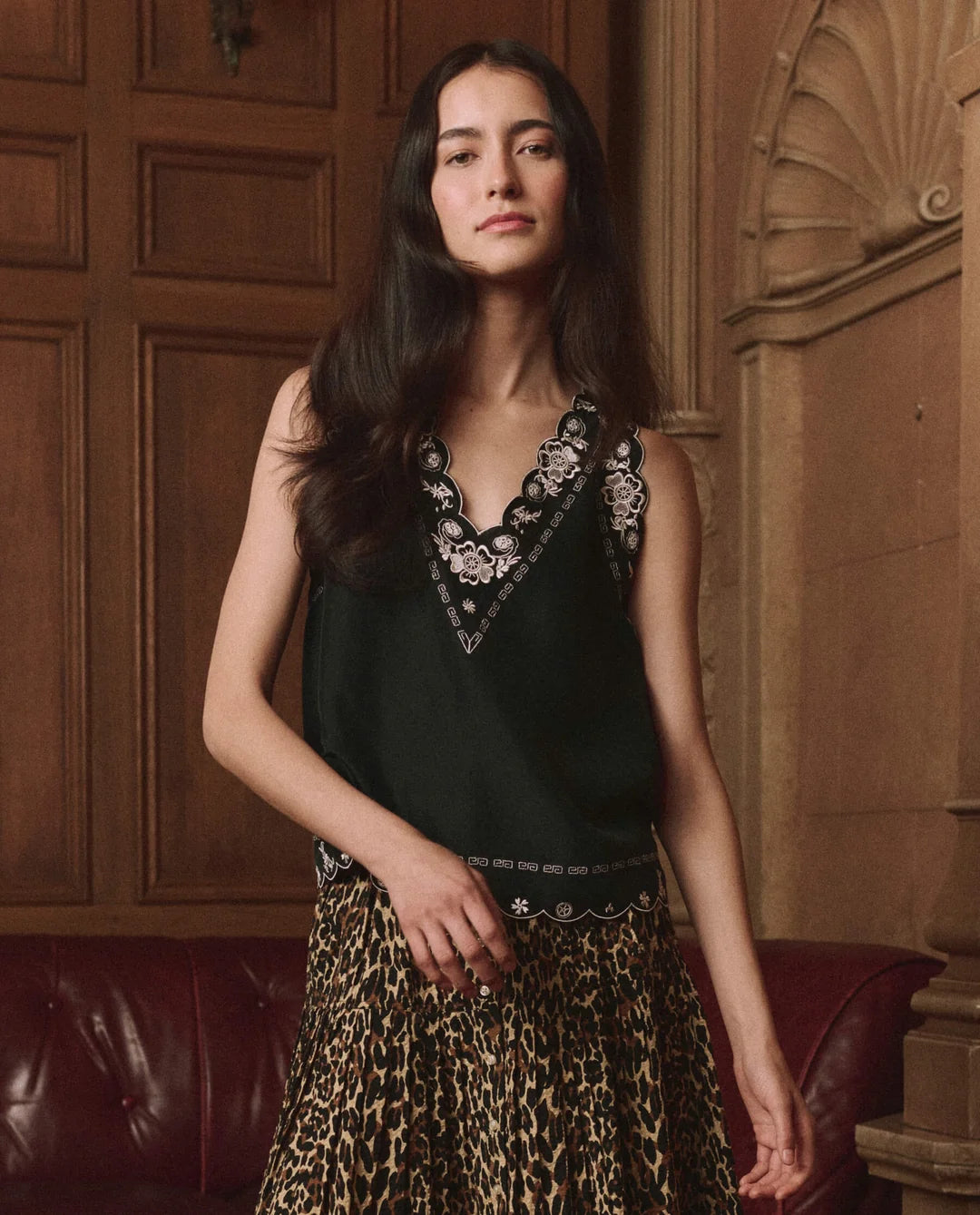 The Embroidered Floral Slip Top, Black