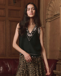 The Embroidered Floral Slip Top, Black
