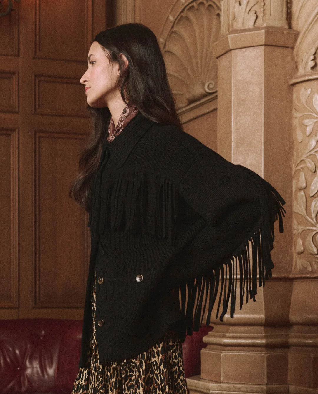 The Western Fringe Sweater Jacket, Black