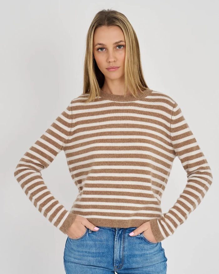 Gemma Cashmere Striped Crew, Camel/Ecru
