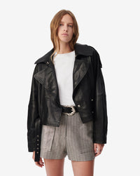 Yuria Leather Belted Jacket, Black