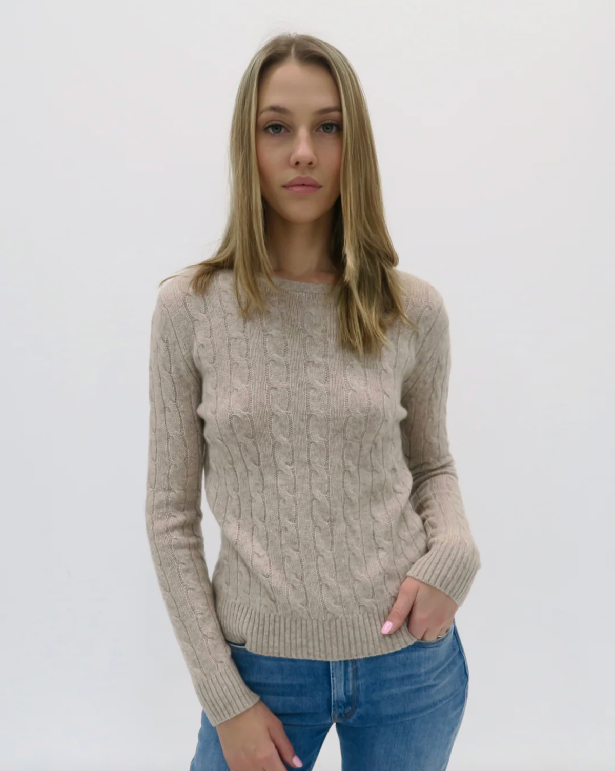 Archer Cashmere Sweater Ruby Cable Crew, Linen Soho-Boutique