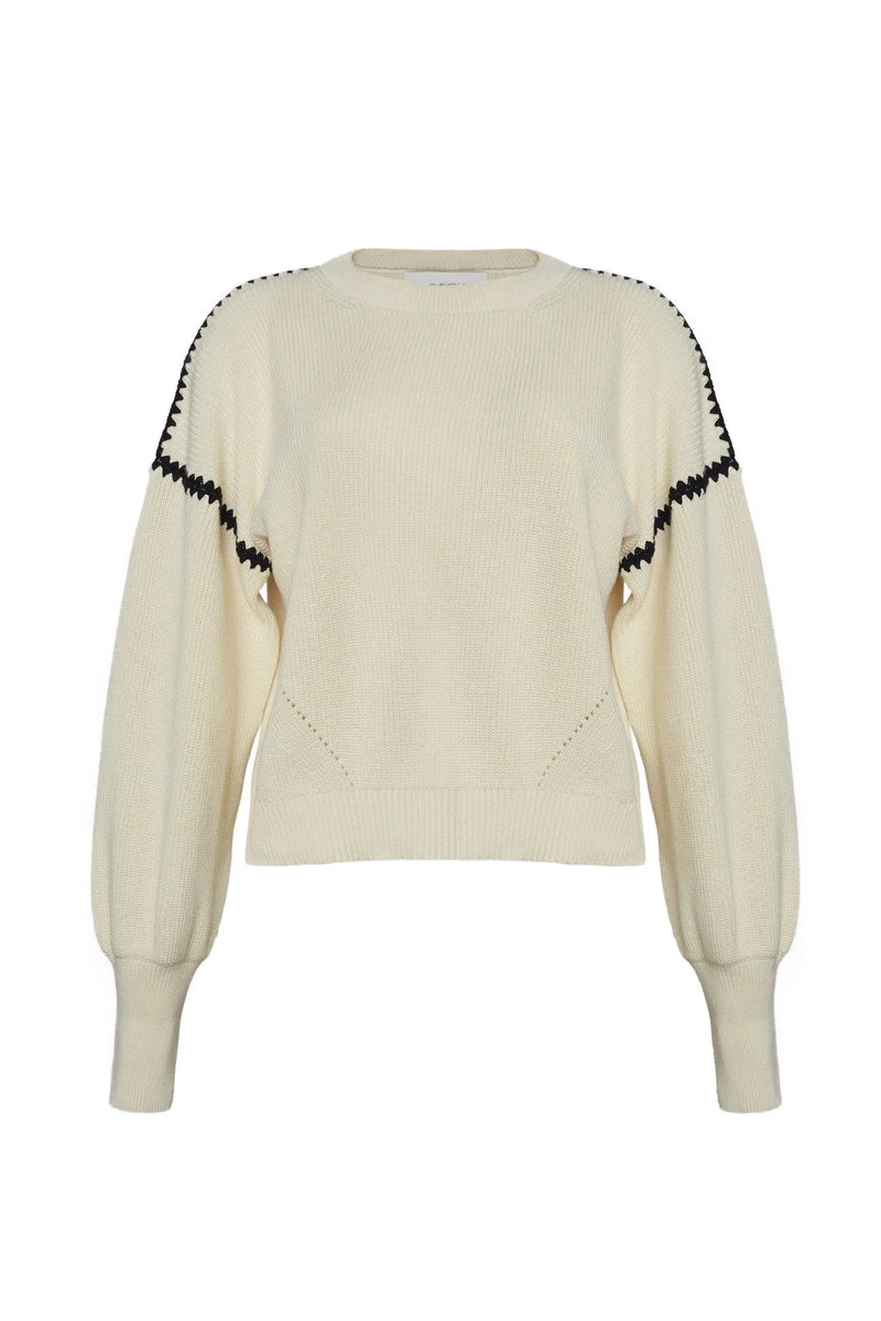 Eleven Six Sweater Layla Crochet Trim Sweater, Ivory/Black Soho-Boutique