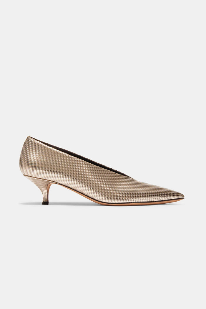 Emme Parsons Heel Veneto V-Cut Kitten Heel, Neutral Gold Disco Soho-Boutique