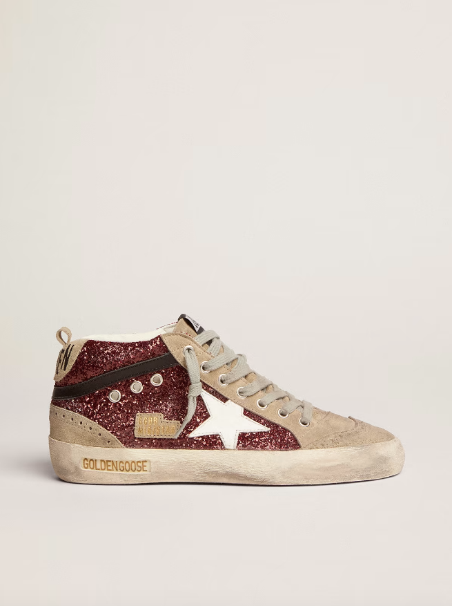 Golden Goose Deluxe Brand Sneakers Mid Star Glitter Dark Red Taupe Soho-Boutique