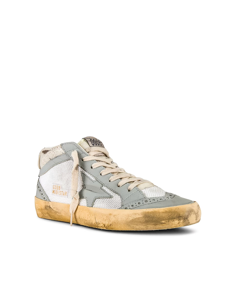 Golden Goose Deluxe Brand Sneakers Mid Star Net and Vintage Leather, Light Grey Soho-Boutique