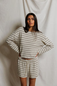 Keri Stripe Long Sleeve Top, Natural/Chocolate