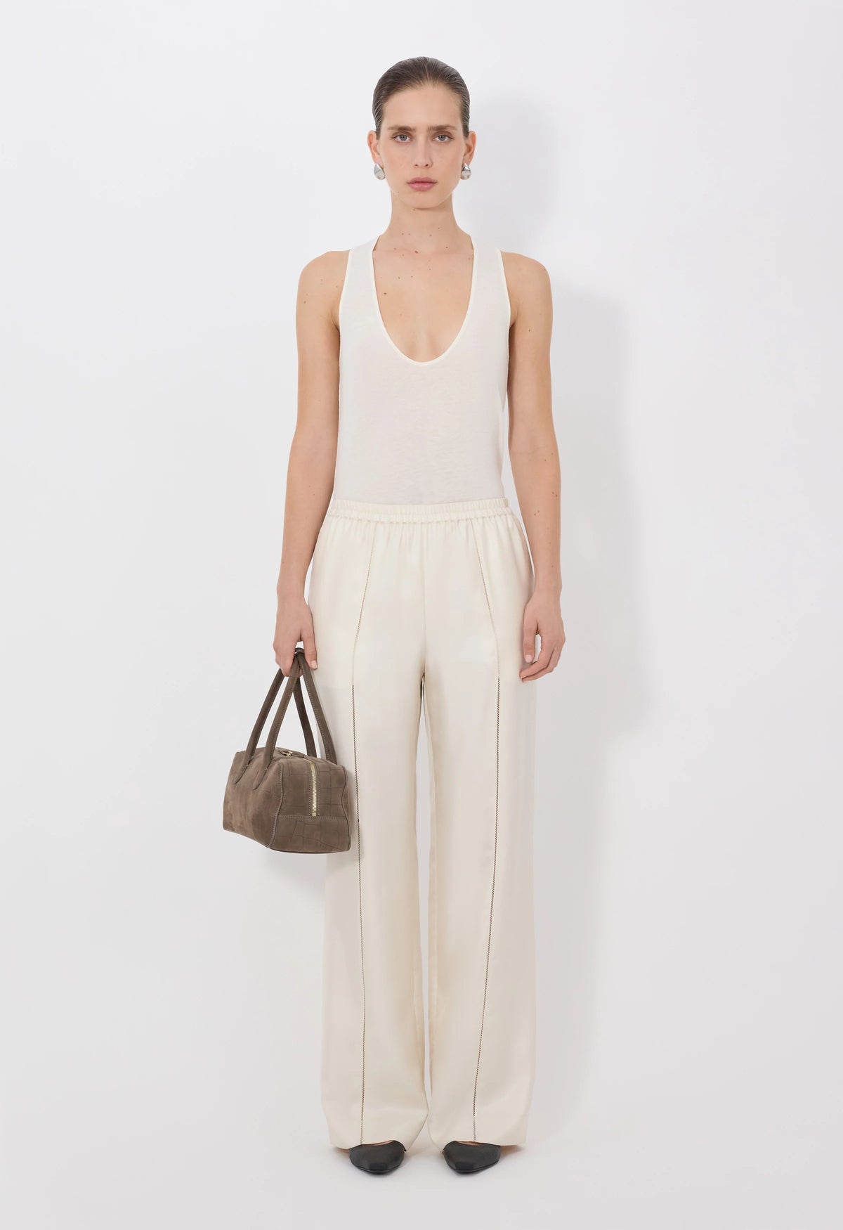 Loulou De Saison Pants Lars Silk Twill Trousers, Ivory Soho-Boutique