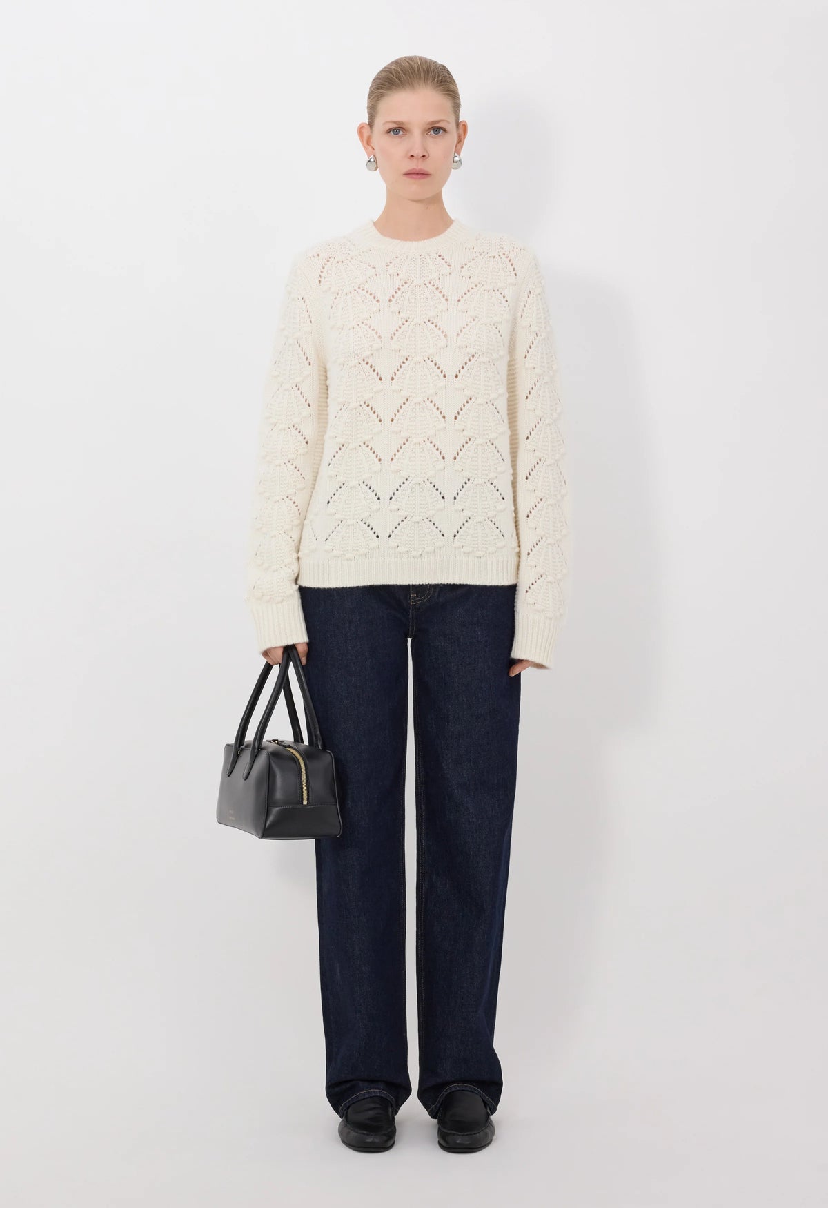 Loulou De Saison Sweater Clyde Cashmere Crochet Sweater, Ivory Soho-Boutique