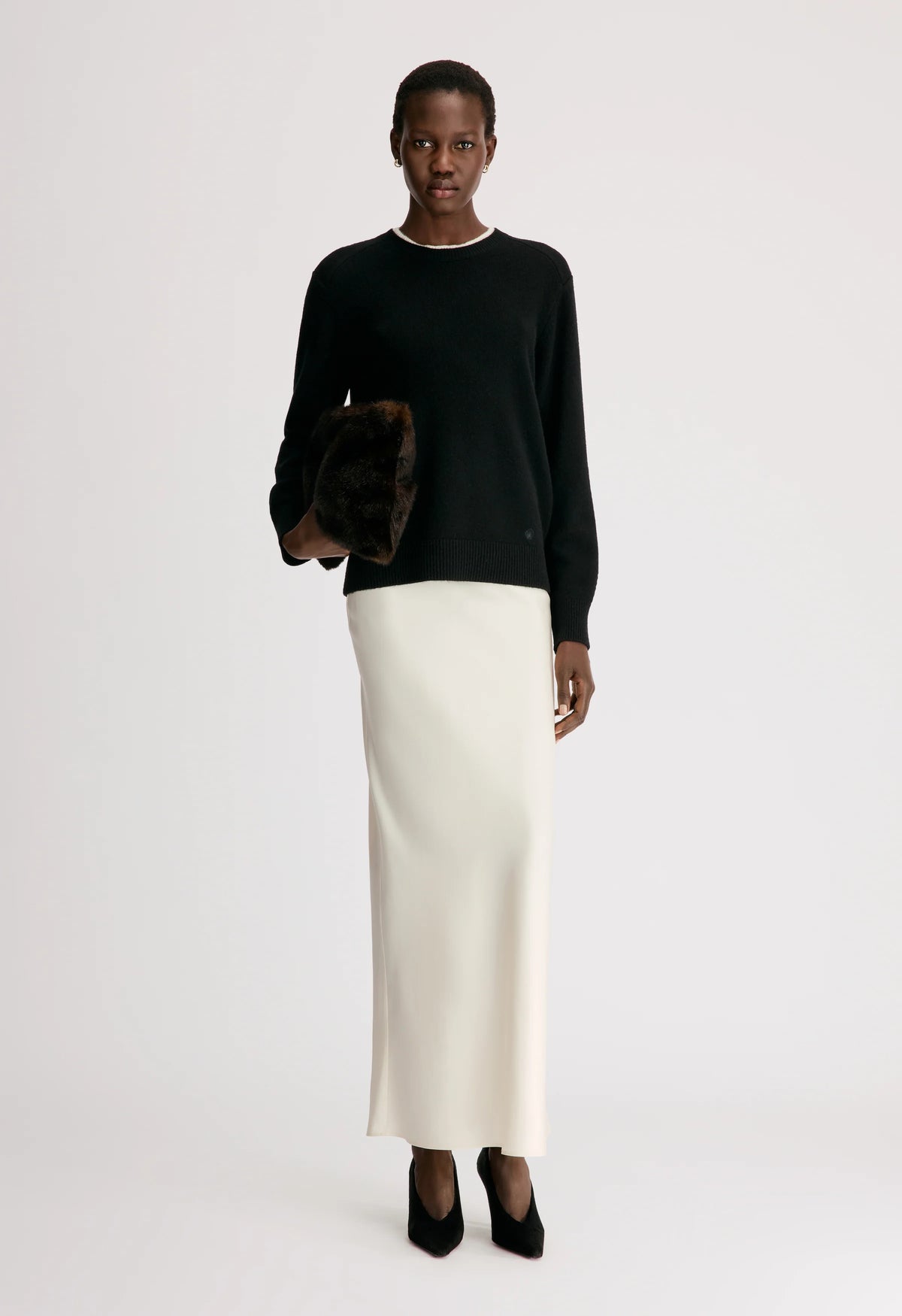 Loulou De Saison Sweater Otis Bicolor Cashmere Sweater, Black Ivory Soho-Boutique