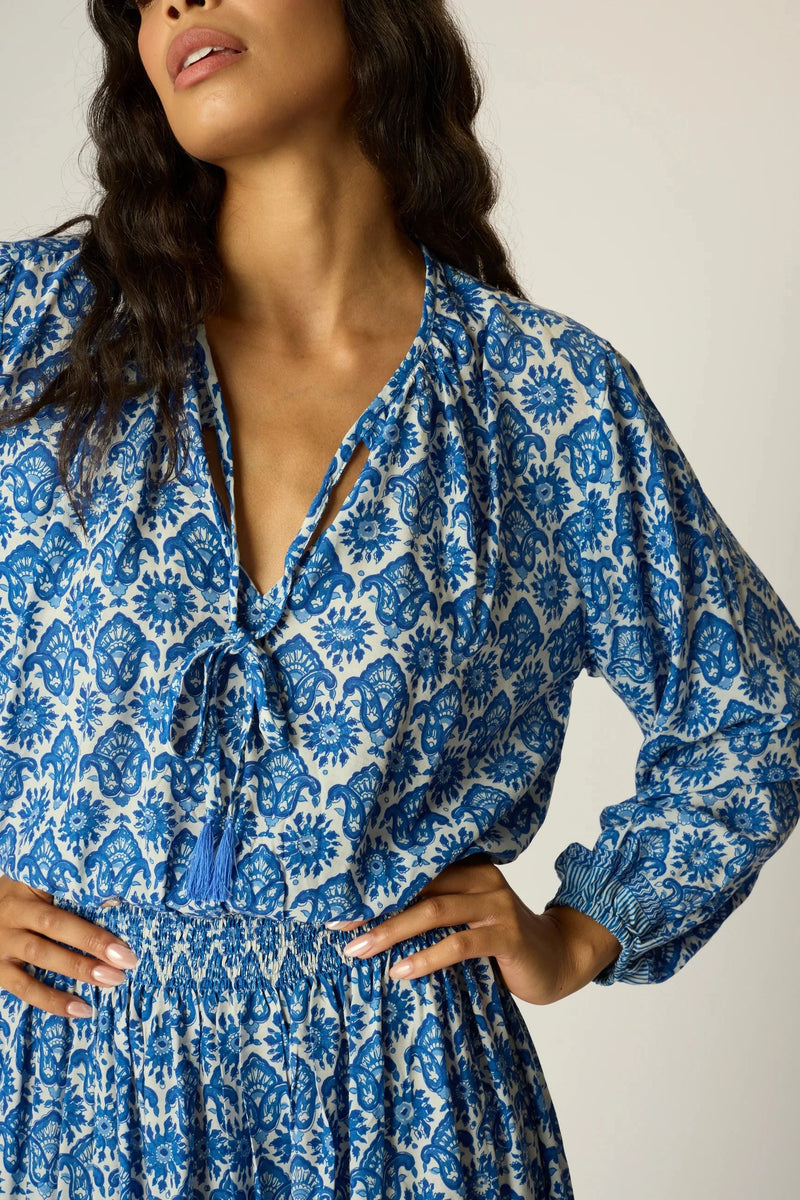 Natalie Martin Blouse Amelia Top, Fleur-De-Lis Blue Soho-Boutique