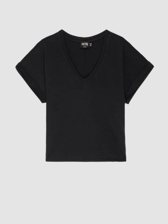 NATION LTD T-Shirt Stevie Cuffed V-Neck Top, Jet Black Soho-Boutique