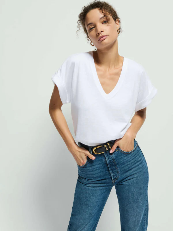 NATION LTD T-Shirt Stevie Cuffed V-Neck Top, White Soho-Boutique