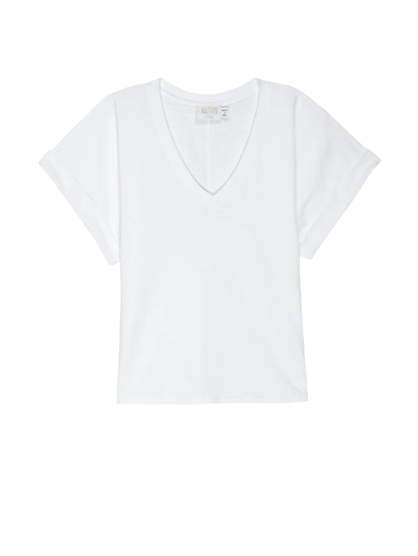 NATION LTD T-Shirt Stevie Cuffed V-Neck Top, White Soho-Boutique