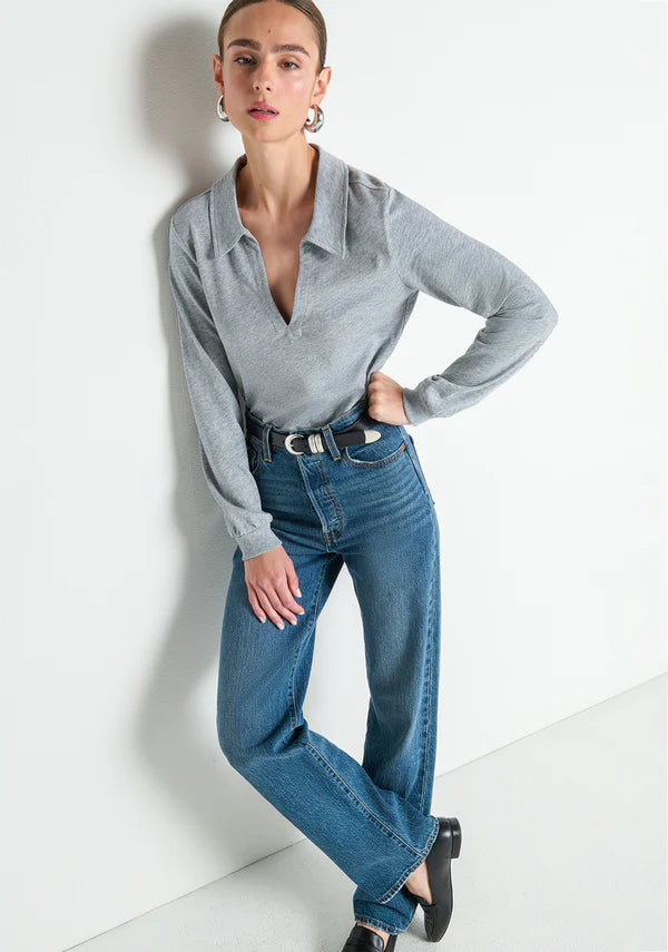 NATION LTD Top Kimberley Polo Tee, Heather Grey Soho-Boutique