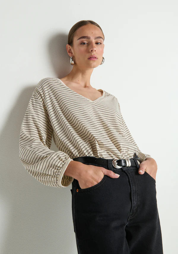 NATION LTD Top Savanna Shirred Top, Espresso Pinstripe Soho-Boutique
