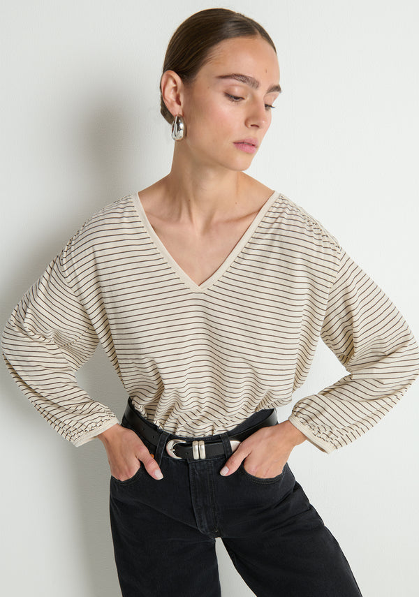 NATION LTD Top Savanna Shirred Top, Espresso Pinstripe Soho-Boutique