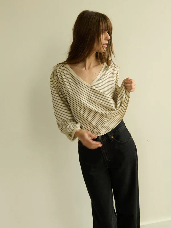 NATION LTD Top Savanna Shirred Top, Espresso Pinstripe Soho-Boutique