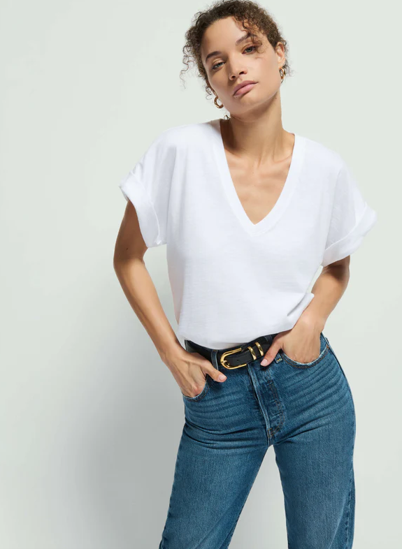 NATION LTD top Stevie Cuffed V-Neck, Optic White Soho-Boutique