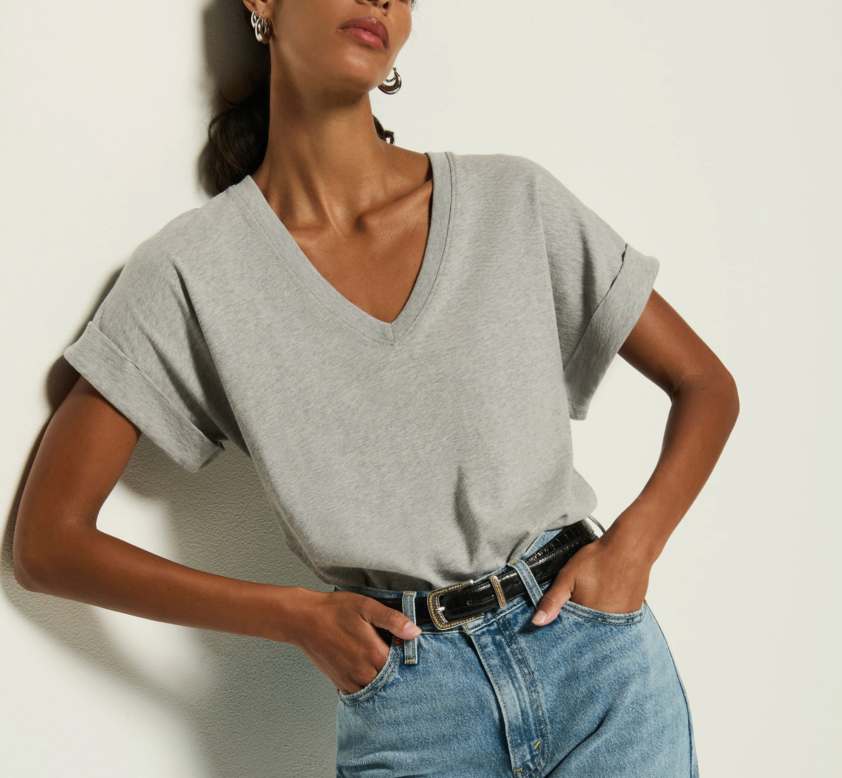 NATION LTD Top Stevie Cuffed V-Neck Top, Heather Grey Soho-Boutique