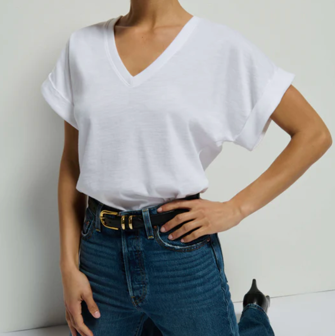 NATION LTD Top Stevie Cuffed V-Neck Top, Optic White Soho-Boutique