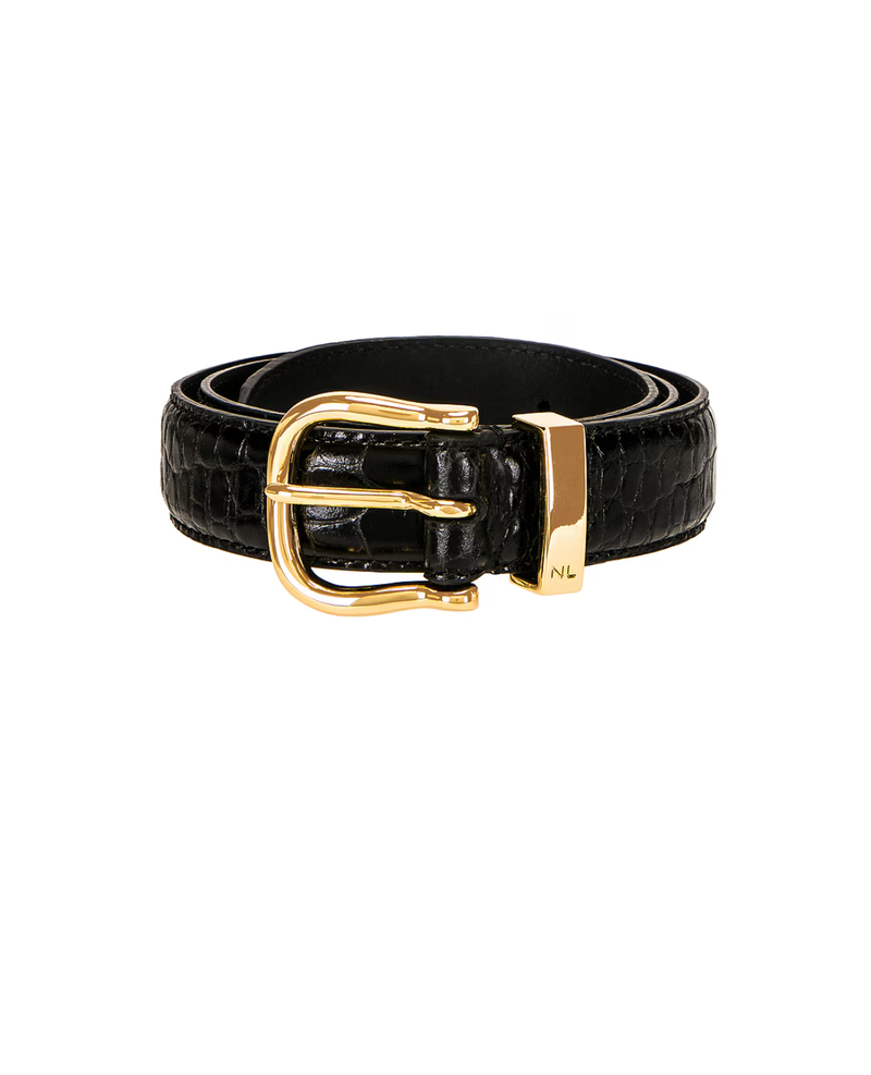 NILI LOTAN Belt Louise Croc Belt, Black Brass Soho-Boutique