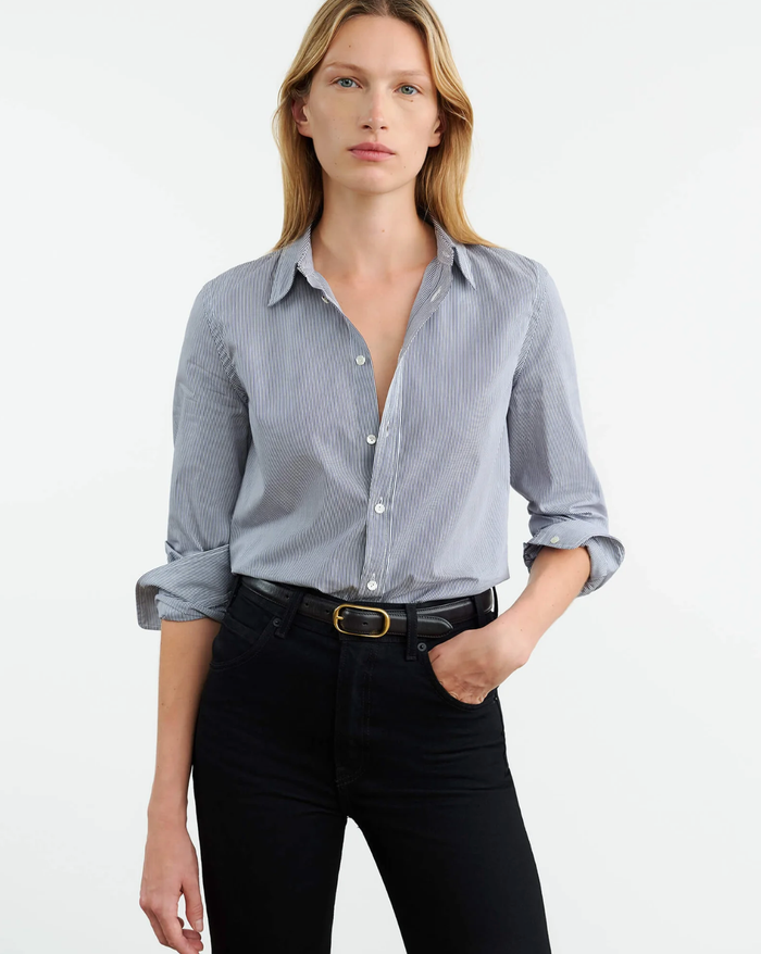 NILI LOTAN Dylan Shrunken Shirt, Mini Navy Stripes Soho-Boutique