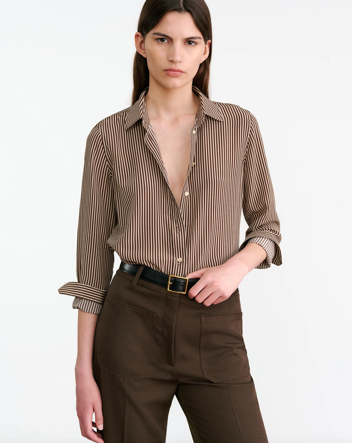NILI LOTAN Shirt Gaia Silk Shirt, Chocolate Stripes Soho-Boutique