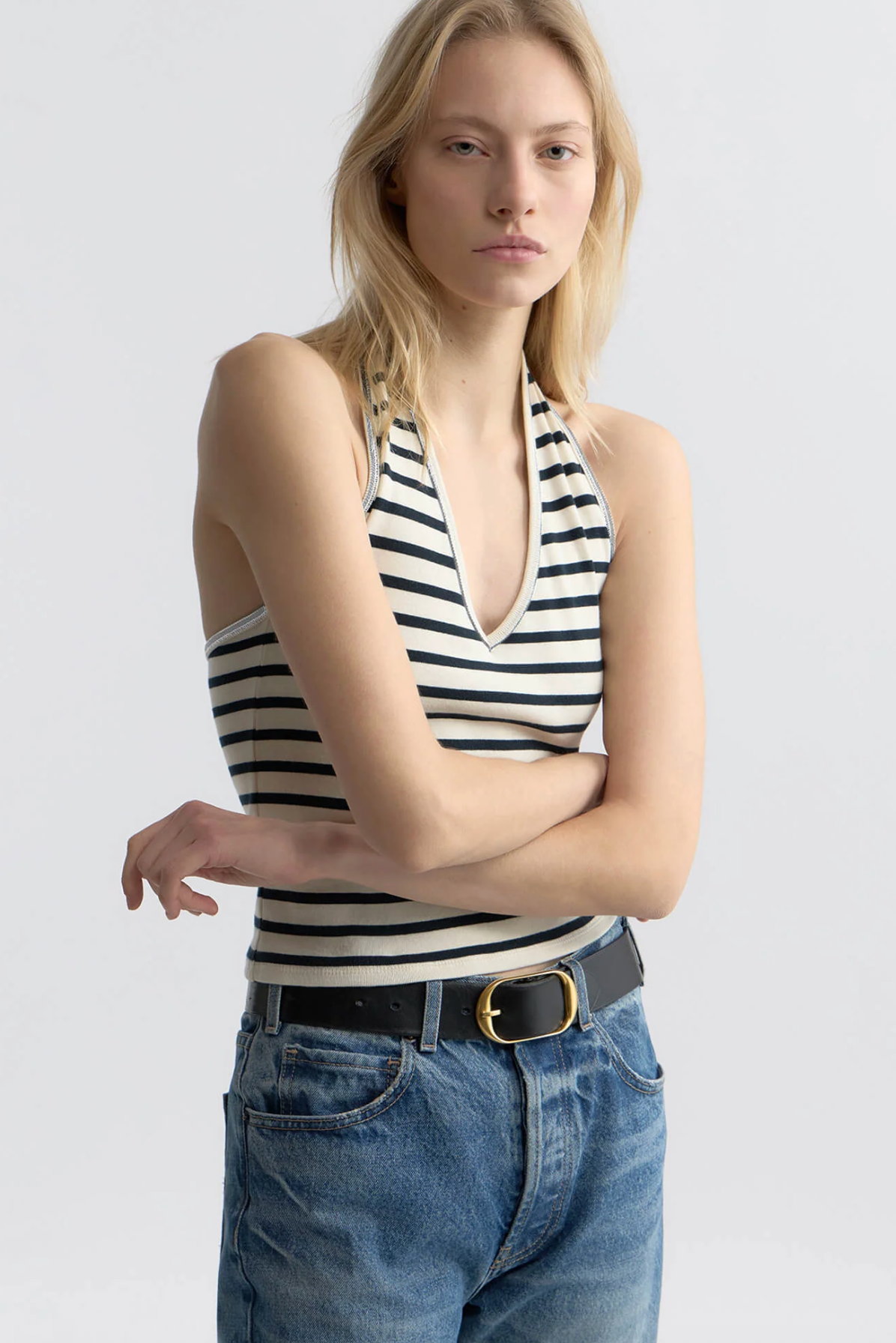 NILI LOTAN Top Britt Halter Top, Ecru Black Stripe Soho-Boutique