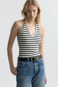 NILI LOTAN Top Britt Halter Top, Ecru Black Stripe Soho-Boutique