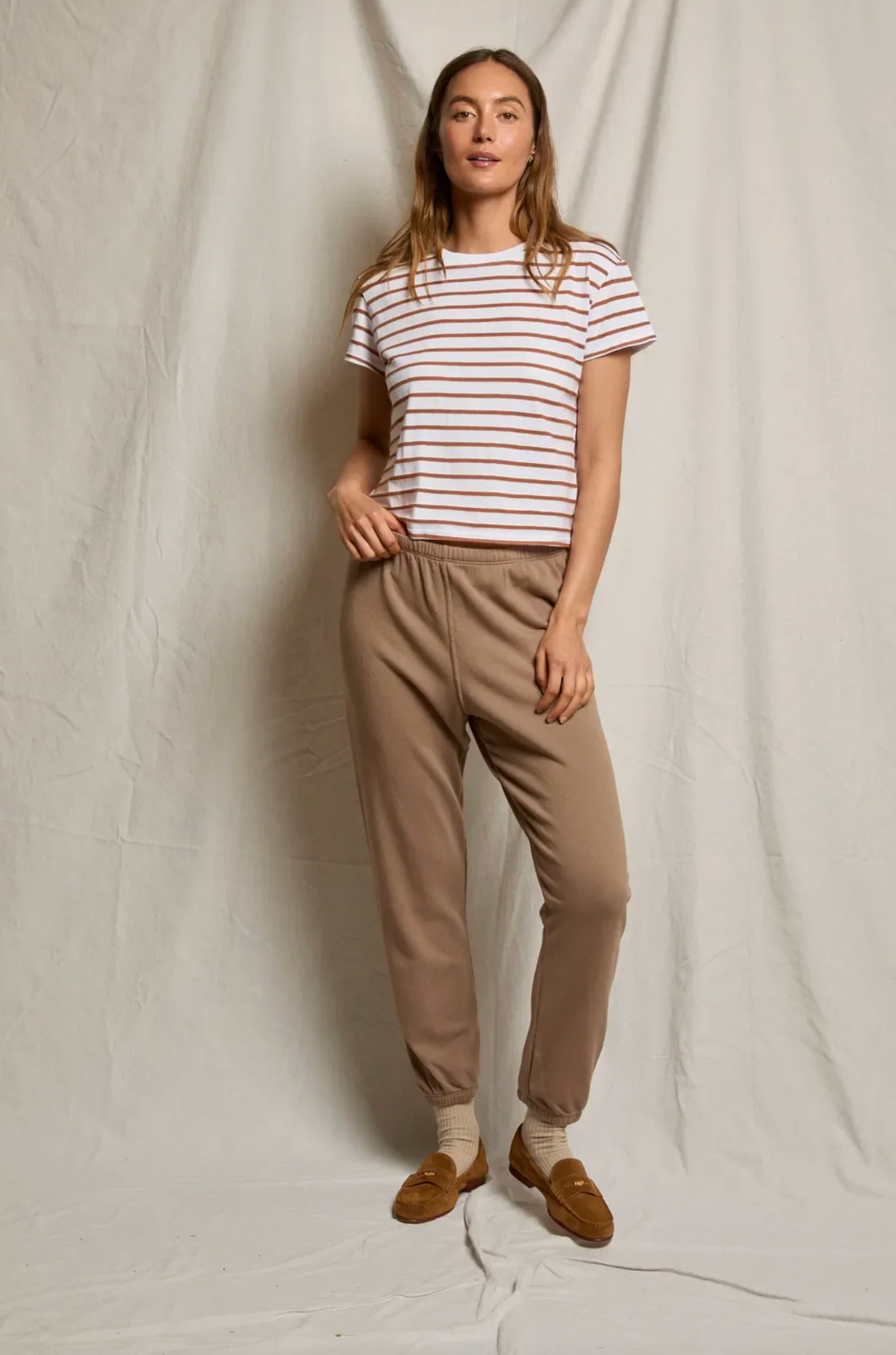perfectwhitetee T-Shirt Everett Jersey Stripe Boxy Crewneck Tee, Mocha Stripe Soho-Boutique