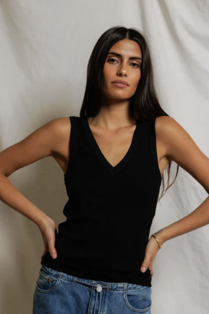 perfectwhitetee Tank Mallory Rib V Neck Tank, True Black Soho-Boutique
