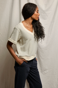perfectwhitetee Top Briggs Stripe French Terry V Neck Sweatshirt, Natural/Charcoal Stripe Soho-Boutique