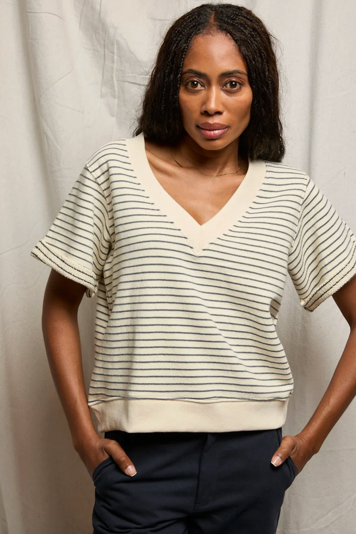 perfectwhitetee Top Briggs Stripe French Terry V Neck Sweatshirt, Natural/Charcoal Stripe Soho-Boutique