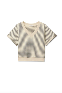 perfectwhitetee Top Briggs Stripe French Terry V Neck Sweatshirt, Natural/Charcoal Stripe Soho-Boutique