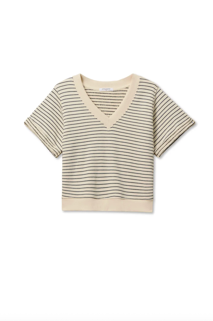 perfectwhitetee Top Briggs Stripe French Terry V Neck Sweatshirt, Natural/Charcoal Stripe Soho-Boutique