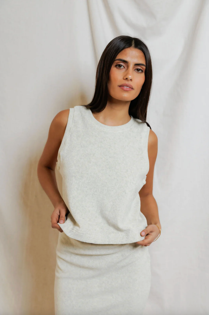 perfectwhitetee Top Ester Loop Terry Mock Neck Tank, Oatmeal Soho-Boutique