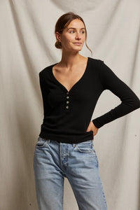 perfectwhitetee Top Evangeline Rib Vneck, True Black Soho-Boutique