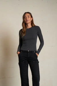 perfectwhitetee Top Jolie Sweater Rib L/S Crew, Charcoal Soho-Boutique