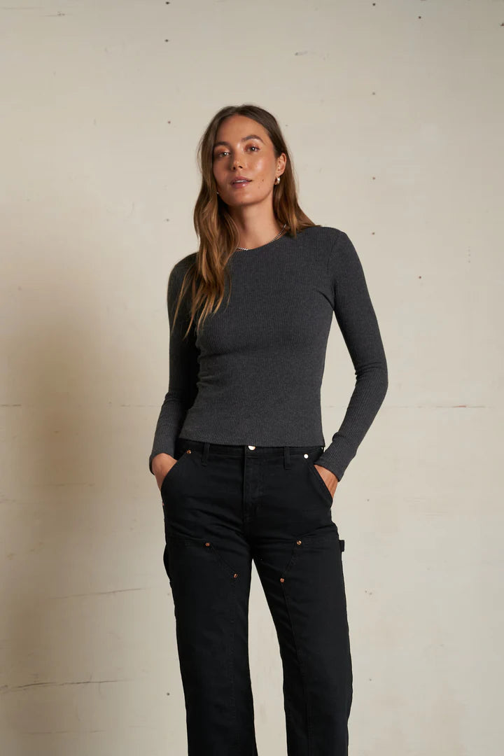 perfectwhitetee Top Jolie Sweater Rib L/S Crew, Charcoal Soho-Boutique