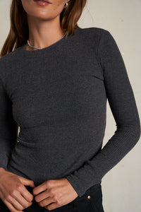perfectwhitetee Top Jolie Sweater Rib L/S Crew, Charcoal Soho-Boutique
