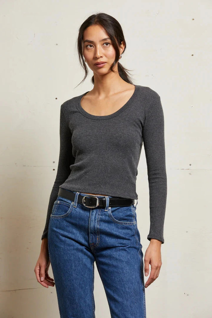 perfectwhitetee Top Josie Sweater Rib Top, Charcoal Soho-Boutique