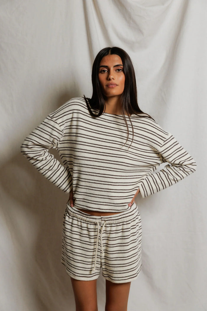 perfectwhitetee Top Keri Stripe Long Sleeve Top, Natural/Chocolate Soho-Boutique