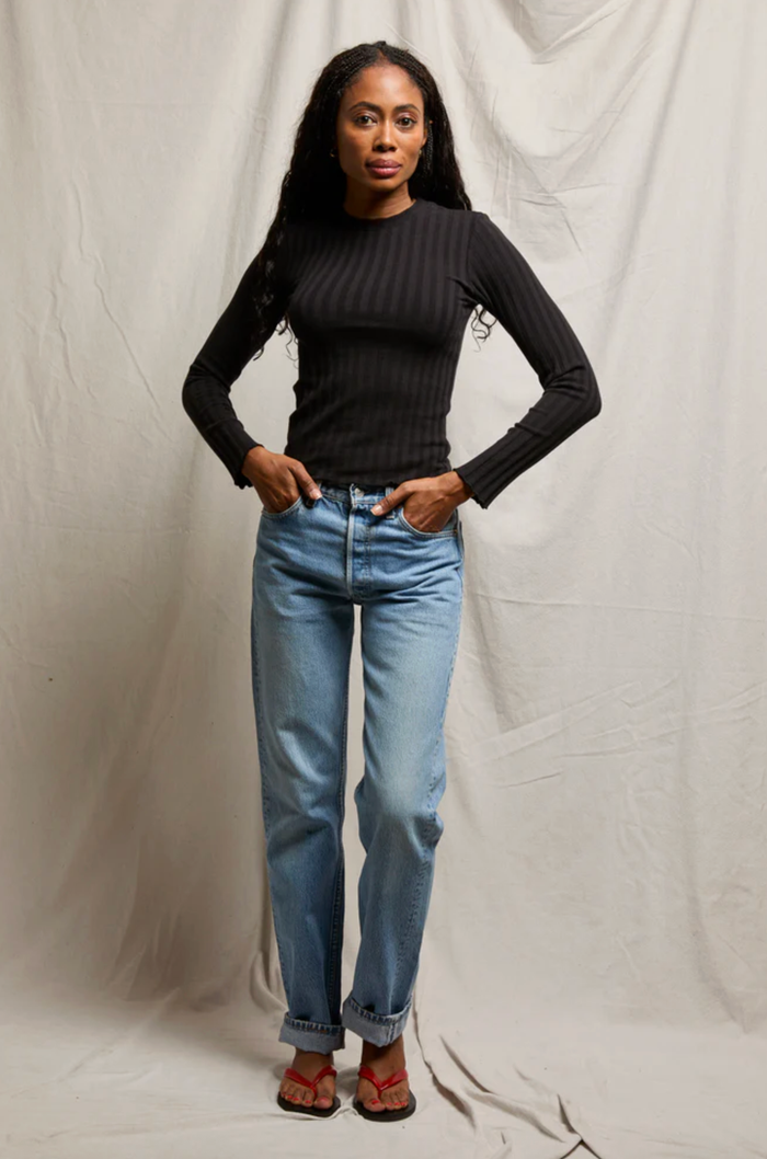 perfectwhitetee Top Rowe Poorboy Rib Long Sleeve Crew, True Black Soho-Boutique