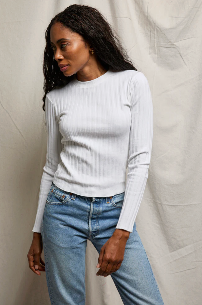 perfectwhitetee Top Rowe Poorboy Rib Long Sleeve Crew, White Soho-Boutique