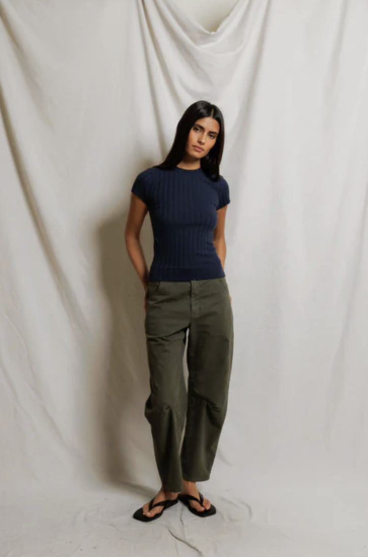 perfectwhitetee Top Suri Poorboy Rib Cap Sleeve Crew Tee, Navy Soho-Boutique