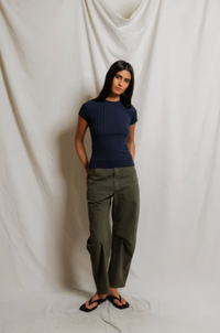 perfectwhitetee Top Suri Poorboy Rib Cap Sleeve Crew Tee, Navy Soho-Boutique