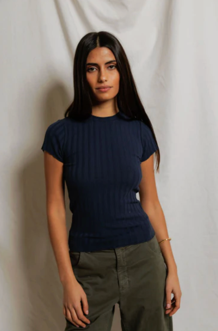 perfectwhitetee Top Suri Poorboy Rib Cap Sleeve Crew Tee, Navy Soho-Boutique