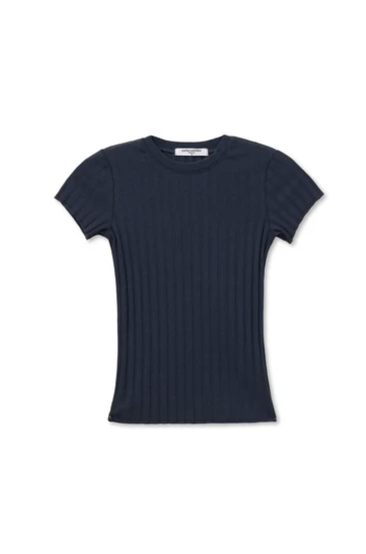 perfectwhitetee Top Suri Poorboy Rib Cap Sleeve Crew Tee, Navy Soho-Boutique